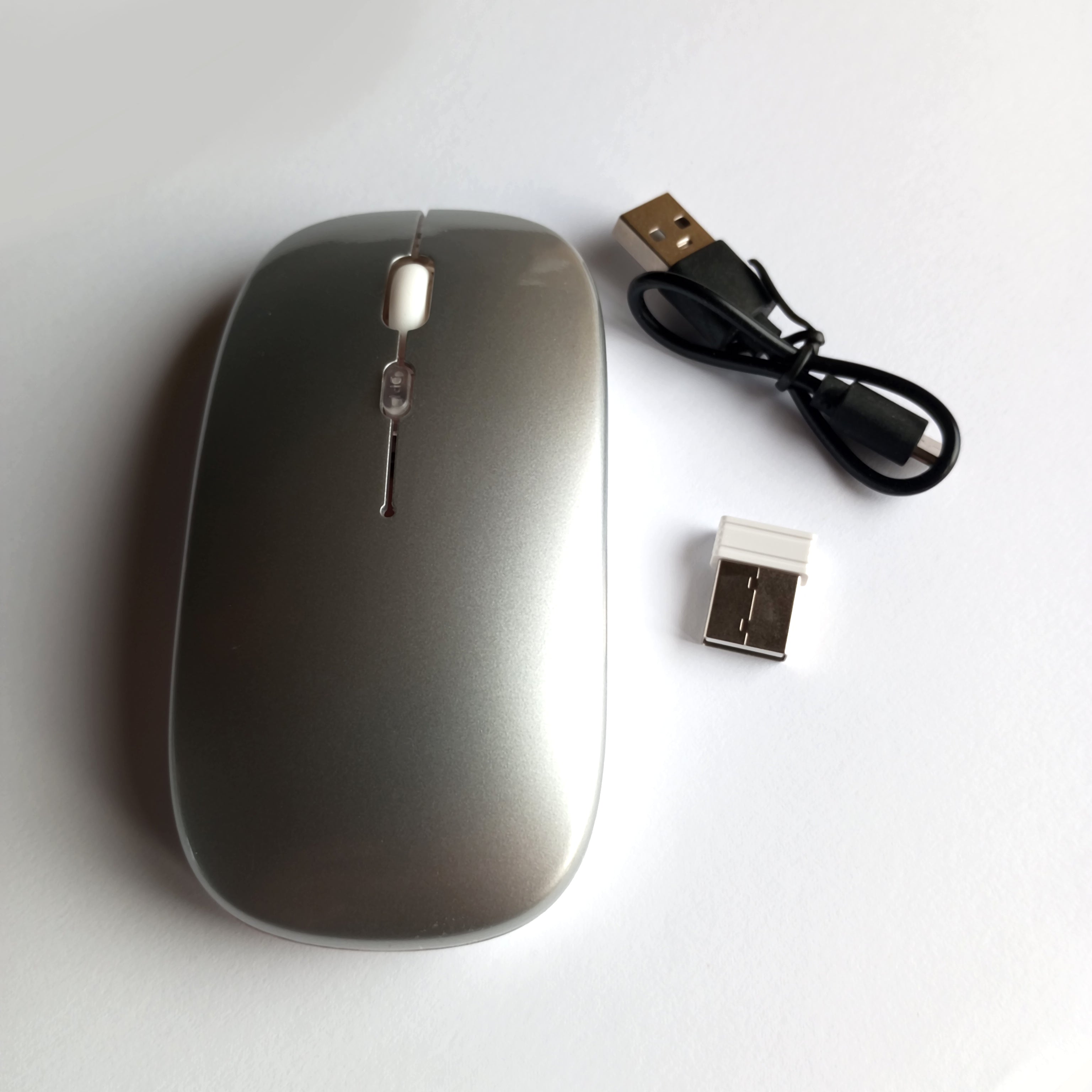 Belaidė 2.4G RGB pelė – tylus mygtukų paspaudimas, įkraunama, USB + Bluetooth, PC / Laptop / iPad Silver